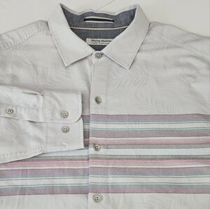 Tommy Bahama Large Canyon Creek Beach Flannel Horizon Stripe Gray Button…